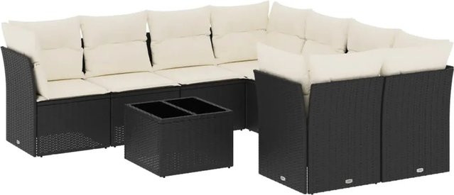vidaXL 9-tlg Garten-Sofagarnitur in L-Form mit Kissen und Couchtisch, Schwarz/Weiß, Poly-Rattan mit Metallgestell - Bild 1