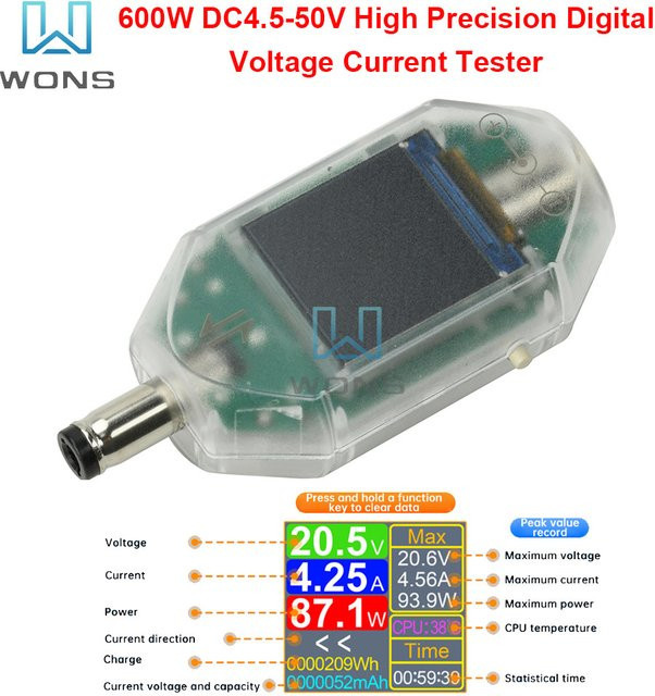 Aideepen DT550 Hochpräzises Digitalanzeige DC-Spannung Strom und Leistungsmesser mit DC 5,5 x 2,5 Schnittstelle, Messbereich 4,5-50 V und 0-12 A, Farbe: Weiß - Bild 1