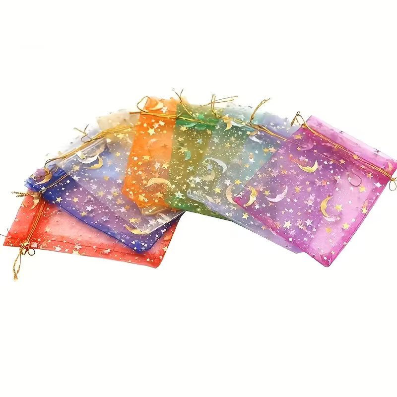 Transparente Gaze-Beutel mit Mond- und Sternenmuster und Kordelzug in gemischten Farben für Schmuck und Hochzeitsgeschenke - Bild 2