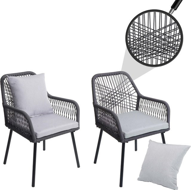 2er-Set MCW Gartenstuhl O12 aus Aluminium mit Seilgeflecht und Polstern in Anthrazit und Grau - Bild 1