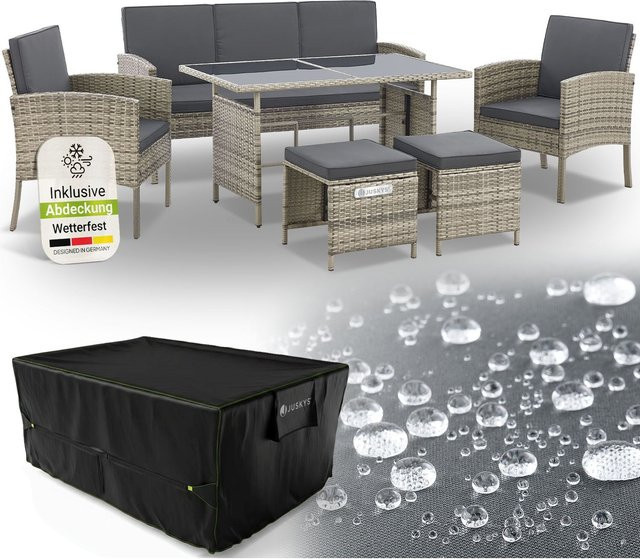 Juskys Polyrattan Gartenmöbel Sitzgruppe Turin Lounge Set 6-teilig mit Tisch und Abdeckung in Grau-meliert - Bild 1