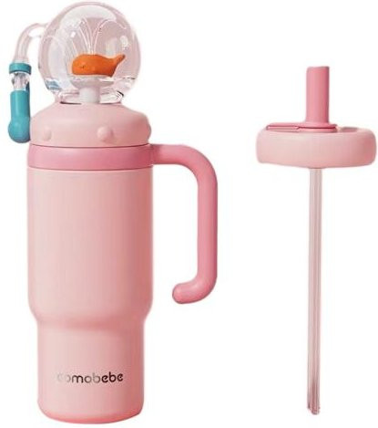 BeautyVibe Wal-Springbrunnen Trinkbecher aus Edelstahl in Pink mit Strohhalm, 710 ml, auslaufsicher - Bild 1