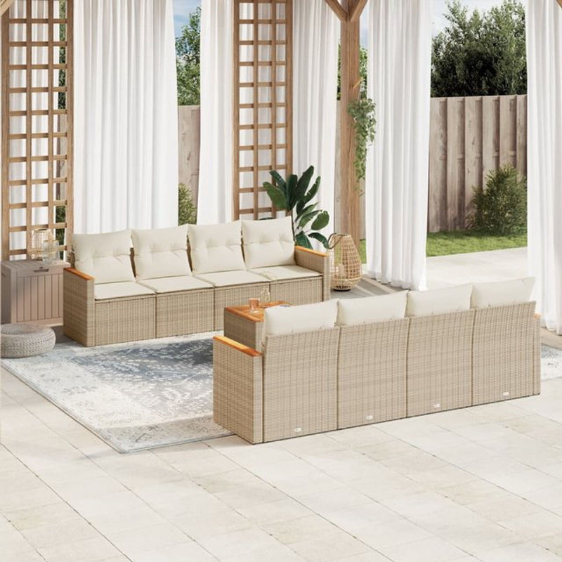 Vidaxl Gartenmöbel-Set aus Polyrattan mit Kissen, 9-teilig, Beige, Modernes Design - Bild 1