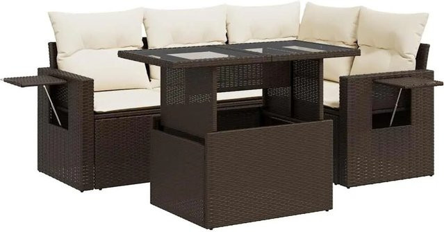 vidaXL 5-teilige Garten-Sofagarnitur in L-Form aus braunem Poly-Rattan mit cremeweißen Kissen und pulverbeschichtetem Stahlgestell - Bild 1