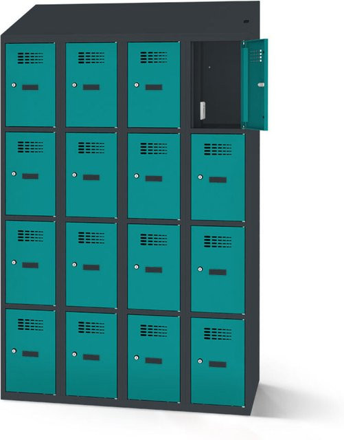 rotstahl Fächerschrank mit 16 Fächern und Ladefunktion, Korpus Anthrazitgrau, Farbe Türkis, B: 120 cm, H: 200 cm - Bild 1