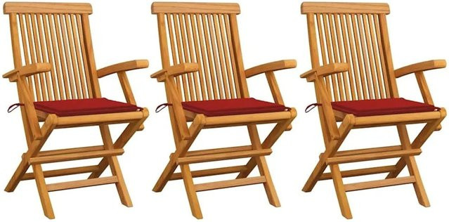 vidaXL Gartenstuhl-Set aus Teak-Massivholz mit roten Kissen, 3 Stück, braun - Bild 1