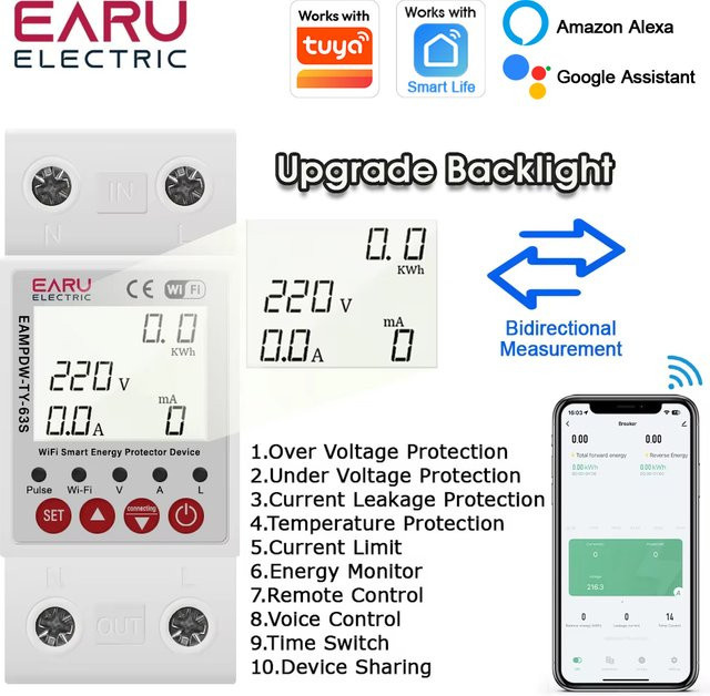 EARU Tuya WiFi Smart Bidirektionaler Energiezähler kWh-Meter mit Unter- und Überspannungsschutz sowie Strom- und Erdschluss-Schutzrelais in Weiß - Bild 1