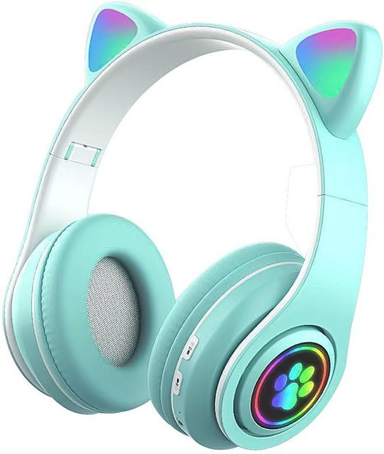 JQIQLY Bluetooth 5.0 Kopfhörer mit Katzenohren und RGB-Beleuchtung, kabellos und kabelgebunden, faltbar, Grün - Bild 1