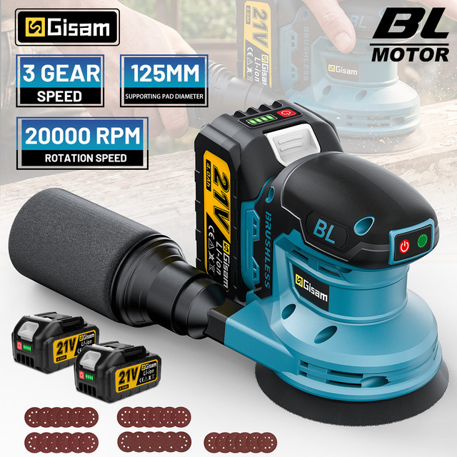 Gisam Bürstenloser Elektrischer Exzenterschleifer 125 mm, 3-Gang Kabelloses Schleif- und Polierwerkzeug für Holzbearbeitung, Blau, kompatibel mit Makita LXT Akku - Bild 1