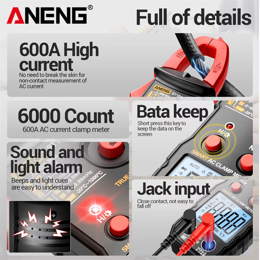 ANENG ST184 Digitalmultimeter und B15 Spannungsprüfer Kombi-Set in Rot mit 6000-fach Messbereich für NCV, Kapazität und Widerstand - Bild 4