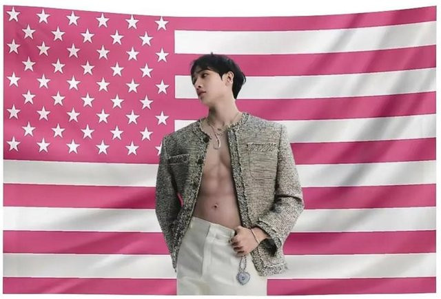 Sika Tapestry Bang Chan Kpop Wandteppich mit Amerikanischer Flagge in Rosa, B: 74 cm, H: 94 cm - Bild 1