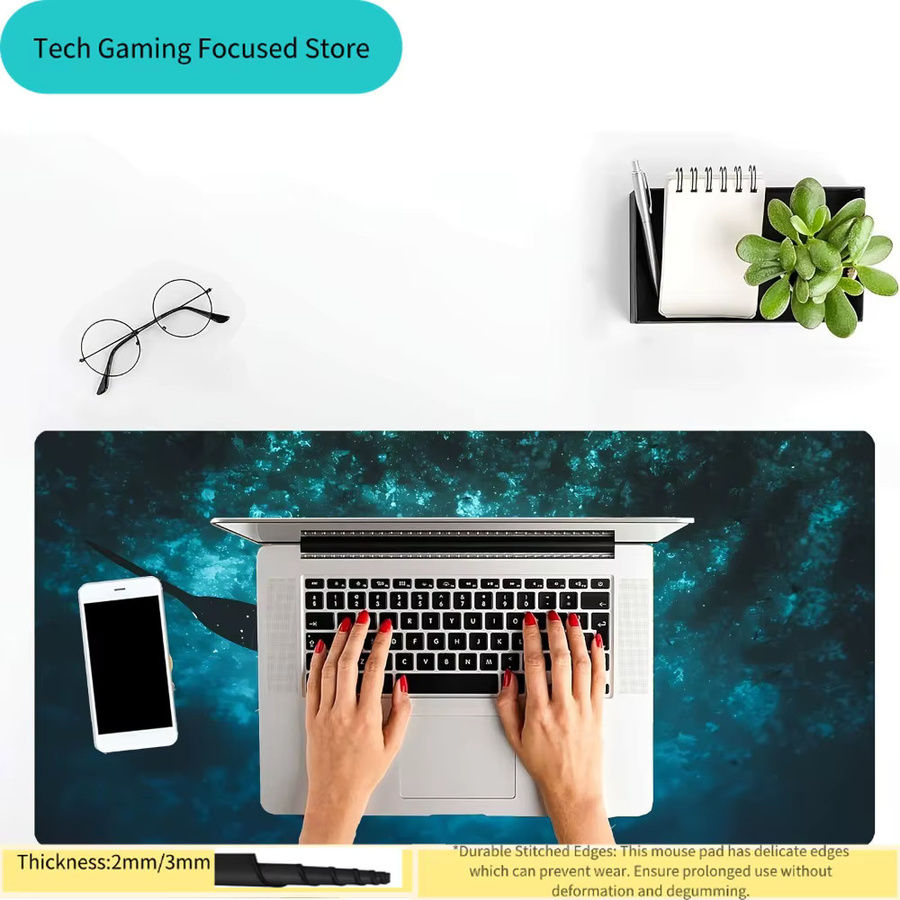 Potdemiel Mausmatte mit Walhai-Motiv in Blau, rutschfeste Gummibasis und genähter Rand, waschbar für Büro und Gaming - Bild 4