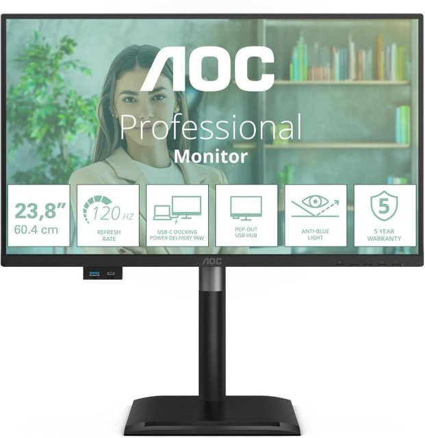 AOC 24P4CV LED-Monitor 60,5 cm (23,8 Zoll) Full HD IPS mit HDMI, DisplayPort, USB-C und LAN in Schwarz - Bild 1