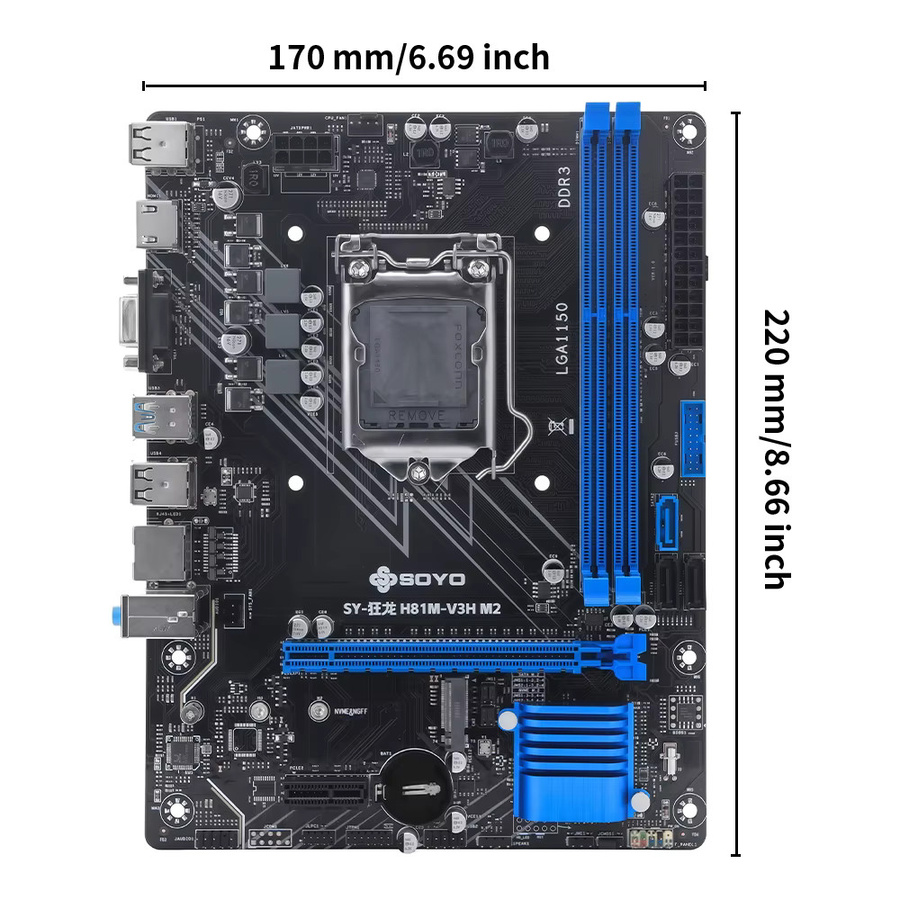 SOYO H81M Gaming-Motherboard Combo Kit mit Intel i3 4160 CPU und 8GB RAM, LGA1150, PCIe 3.0x16, M.2, SATA 3.0, HDMI und VGA, Schwarz - Bild 2
