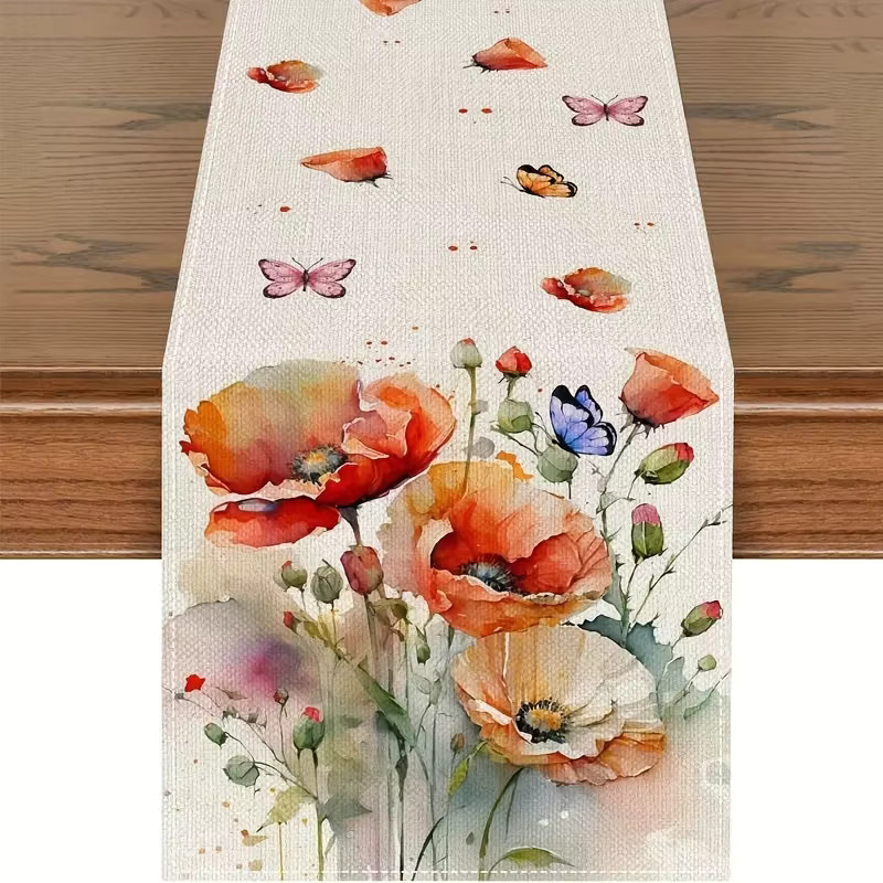 VIKAMA Tischläufer mit Aquarell-Mohnblumen und Schmetterlingen, wasserabweisender Polyester-Tischläufer im Landhausstil, Mehrfarbig, B: 90,0 cm, T: 33,0 cm - Bild 3