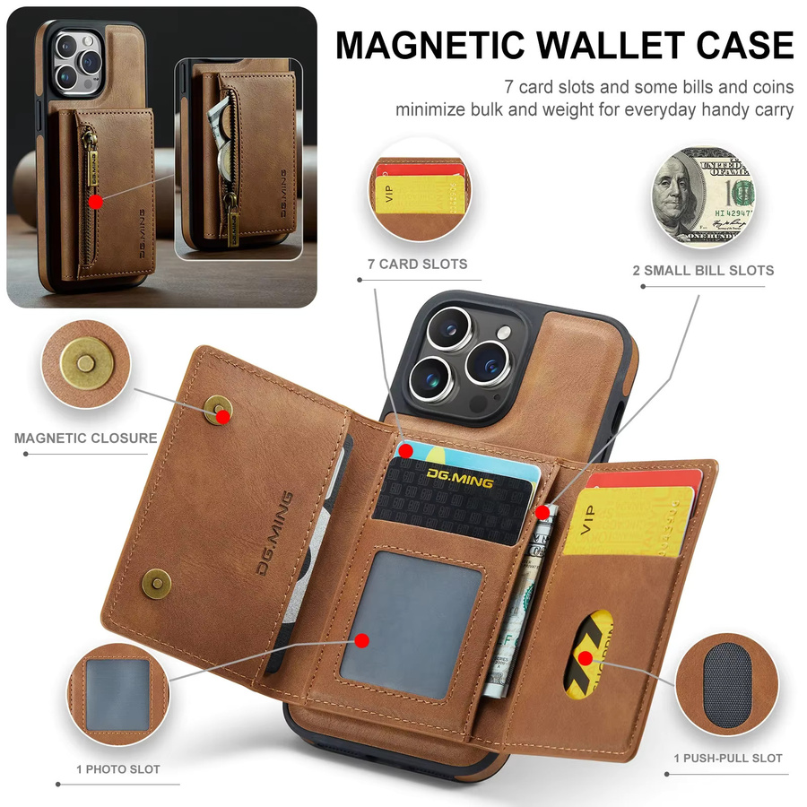 NMEGOU Magnetische Leder-Magsafe Hülle mit RFID-Reißverschluss und Kartenhalter für iPhone 17 Air 16 15 14 13 12 11 Pro Max Plus in Braun - Bild 4