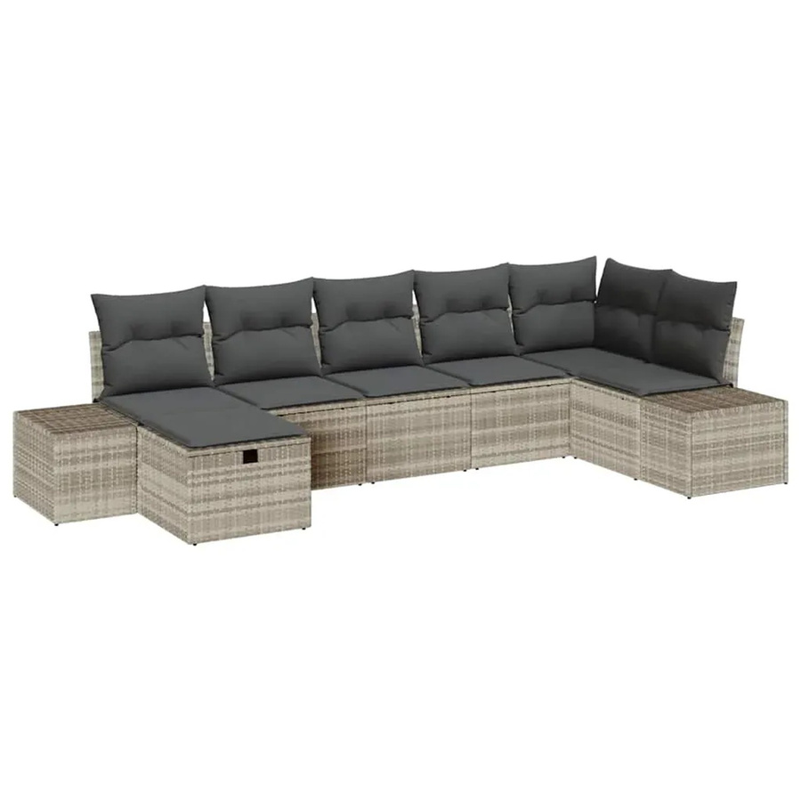 vidaXL Garten-Sofa-Set aus Polyrattan in U-Form, 7-teilig, Hellgrau mit Kissen und Ottoman - Bild 2