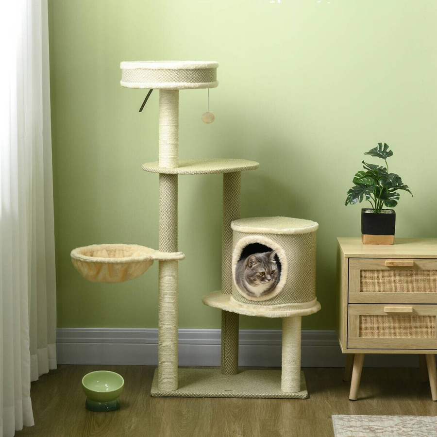PawHut Kratzbaum mit Katzenhöhle, Hängematte und Spielzeug in Braun, Beige oder Weiß, Höhe: 124 cm - Bild 4
