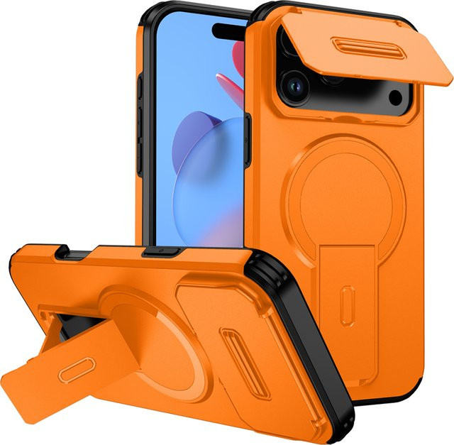 Magnetische MagSafe Schutzhülle von newteneight für iPhone 17 Air, 16 E, 15, 14, 13 Pro Max Plus Mini in Orange mit 3-in-1 versteckter Linse und klappbarem Ständer - Bild 1