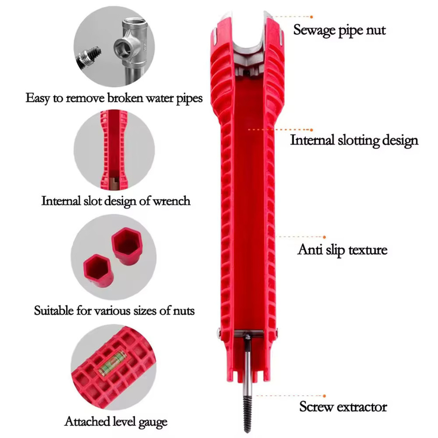 Skeyo Multifunktionaler 8-in-1 Spülbeckenschlüssel in Rot für Sanitärinstallationen und Warmwasserbereiter - Bild 5