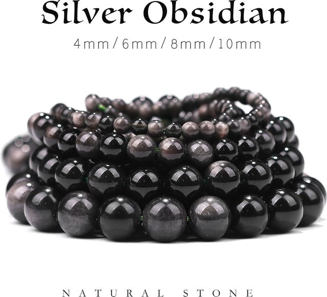 SHIJIWLS Mineralperlen Silber-Obsidian, rund, Unisex - Bild 1