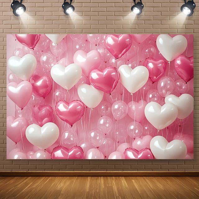 VIKAMA Herzförmiger Ballon-Wandteppich mit Rosen in Rosa, Weiß und Rot als Wand-Dekoration für Valentinstag und Partys - Bild 1