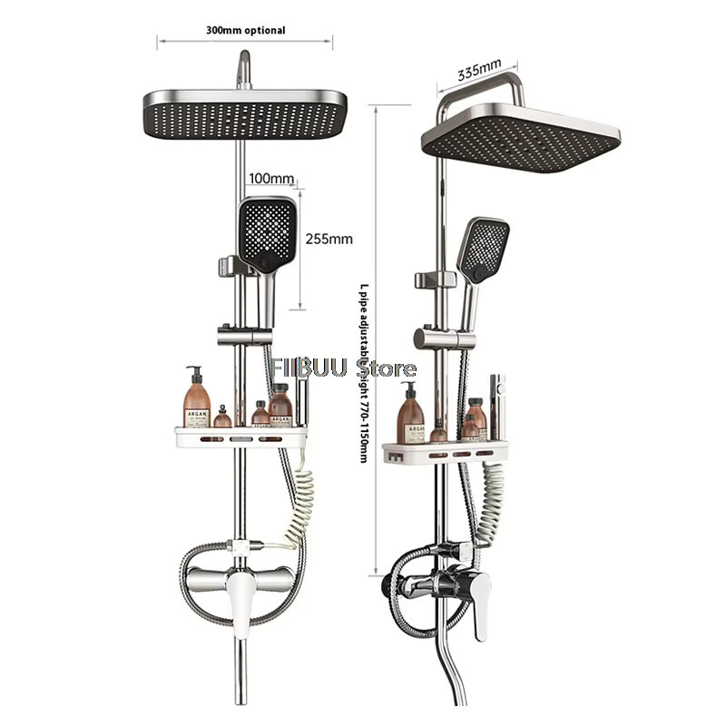 FIIBUU Multifunktions-Duschset mit großem quadratischem Duschkopf und Druckwasser-Massage-Funktion in Schwarz und Silber - Bild 5