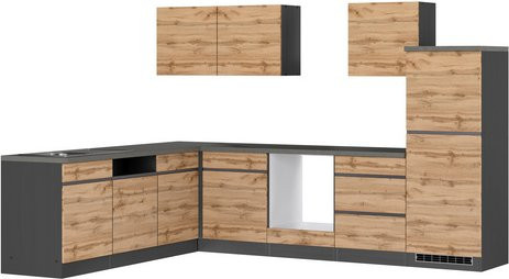 Winkelküche Tampa von HELD MÖBEL in Braun und Grau mit Melaminharz-beschichteter Arbeitsplatte, B: 300 cm x T: 60 cm x H: 200 cm - Bild 1