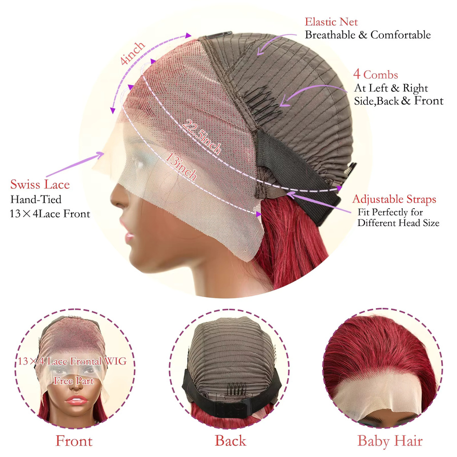 COVERQUEEN Bob-Perücke mit Highlights, 13x4 HD Lace Front, Burgunderrot, Damen - Bild 4