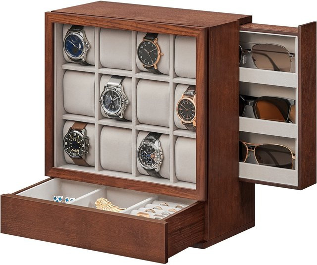 SONGMICS Uhrenbox, 12 Fächer, Massivholzfurnier, Braun, Unisex - Bild 1