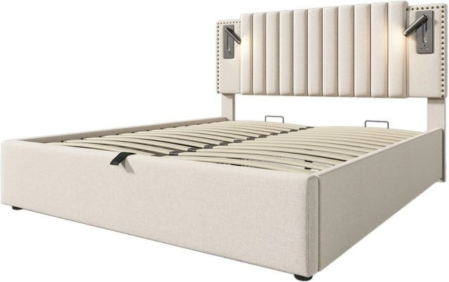 Merax Polsterbett mit Stauraum und USB-Anschluss sowie Leselicht in Beige, B/T/H: 180 x 200 x 109 cm - Bild 1