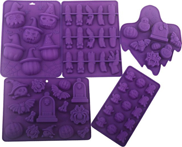 Meibum Halloween Silikonbackformen Set mit Totenkopf, Geist, Fledermaus, Spinne und Fingern in Lila für Schokoladenmousse und Desserts - Bild 1