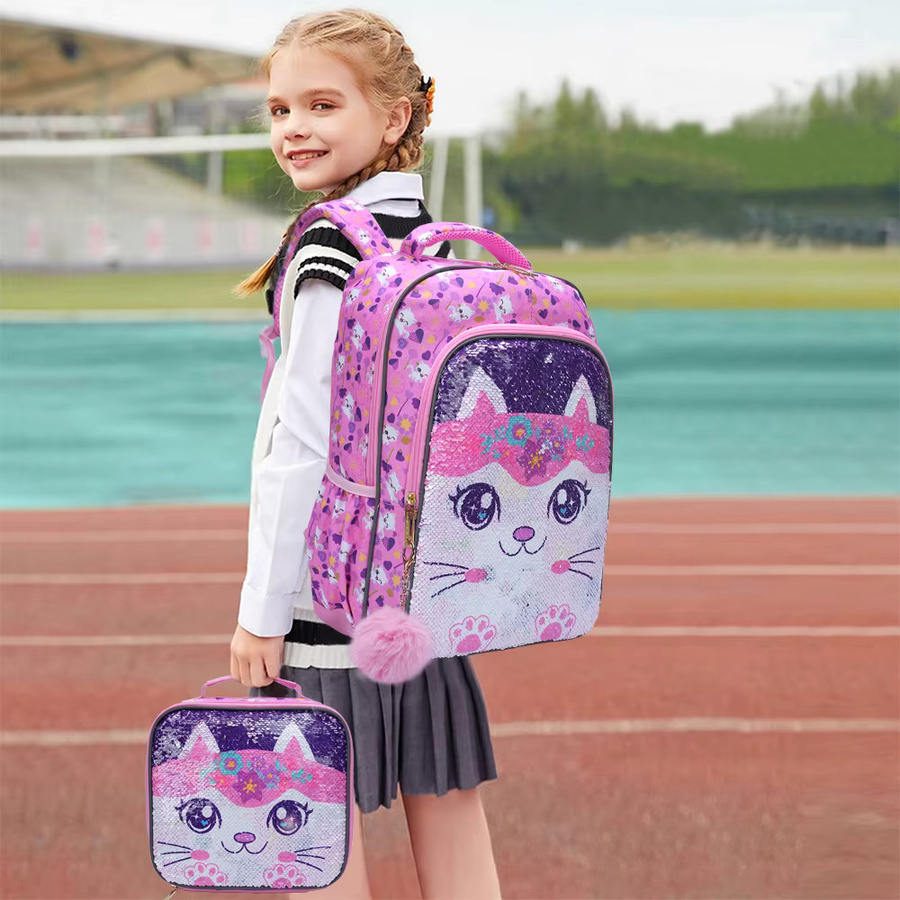 3-teiliges Rucksack-Set für Mädchen von BLING BABIES in Pink mit Cartoon-Kitty-Design, Pailletten und leuchtenden Elementen inklusive Lunchbox und Stifttasche - Bild 5