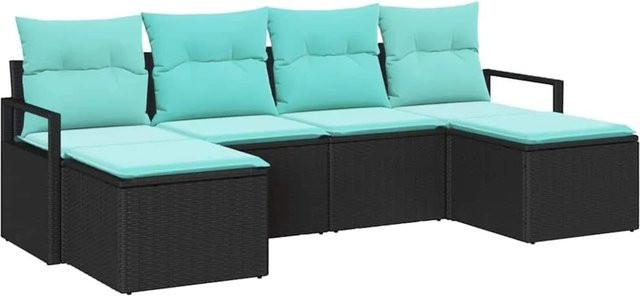 vidaXL 6-teiliges Lounge-Sofa Set aus Polyrattan in Schwarz mit türkisfarbenen Polstern für Garten und Terrasse - Bild 1