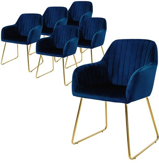 6er Set Esszimmerstühle ML-Design mit linierter Steppung, Rücken- und Armlehnen, blauer Microfaser-Samtbezug und goldenen Metallbeinen - Bild 1