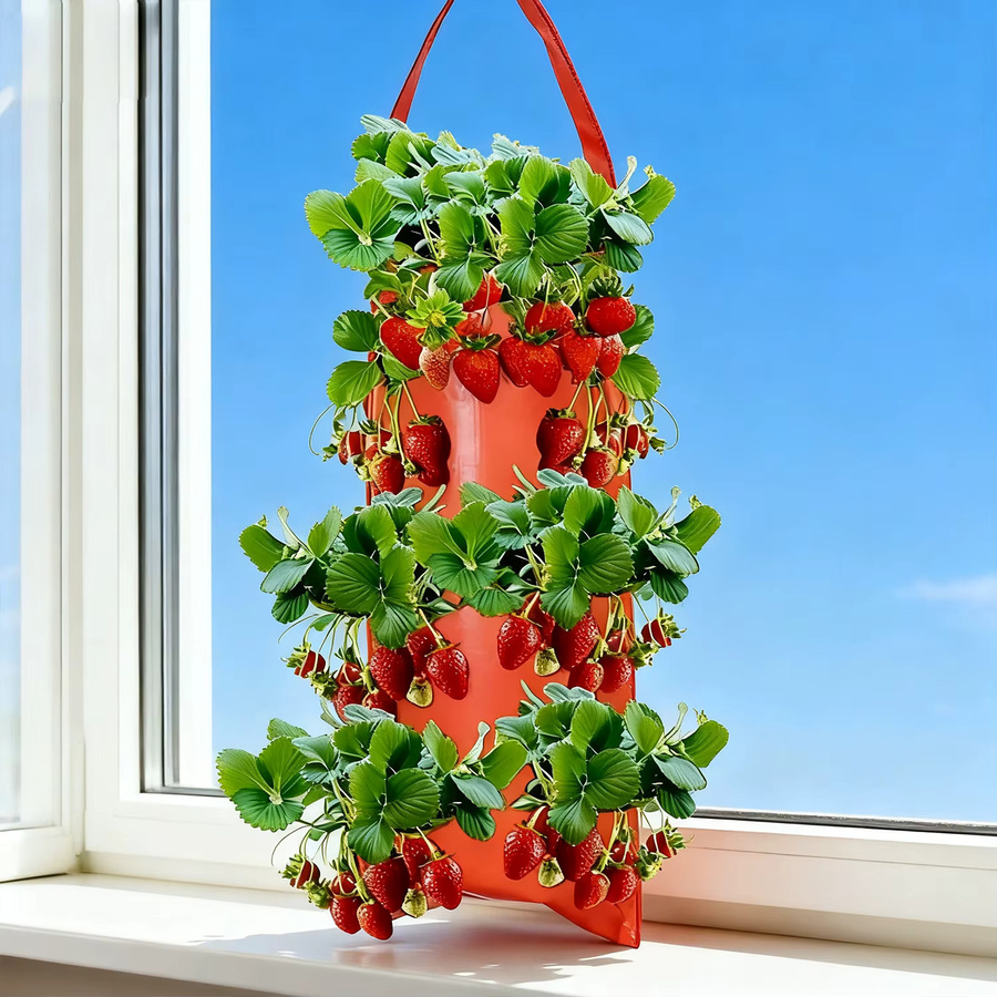 12er-Pack hängende Erdbeertaschen aus orangefarbenem PE mit 8 Fächern für den vertikalen Pflanzgarten auf dem Balkon oder im Innenbereich - Bild 5