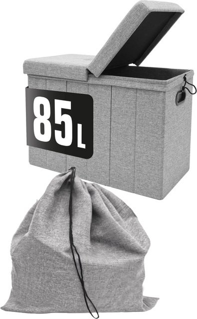 DuneDesign Wäschekorb mit Deckel und herausnehmbarem Wäschesack, Grau, 85 Liter, B: 62 cm, T: 31 cm - Bild 1