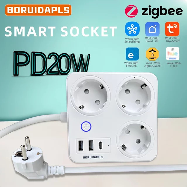 BORUIDAPLS Smart Steckdosenleiste ZigBee EU mit PD20W Typ-C, Tuya und eWeLink Unterstützung, Sprachsteuerung, Farbe: Weiß - Bild 1