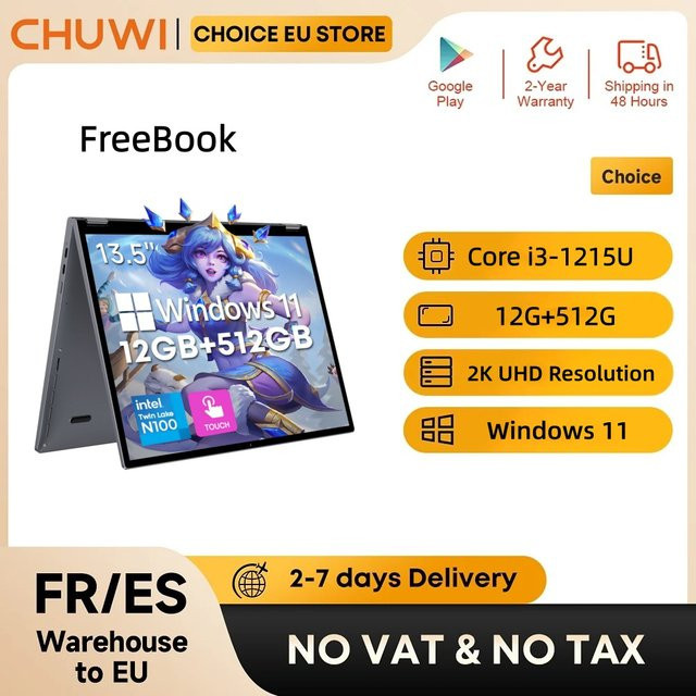 CHUWI FreeBook 2-in-1 Laptop mit Intel Core i3-1215U, 13,5 Zoll 2,5K Touchscreen, 12GB RAM und 512GB SSD - Bild 1