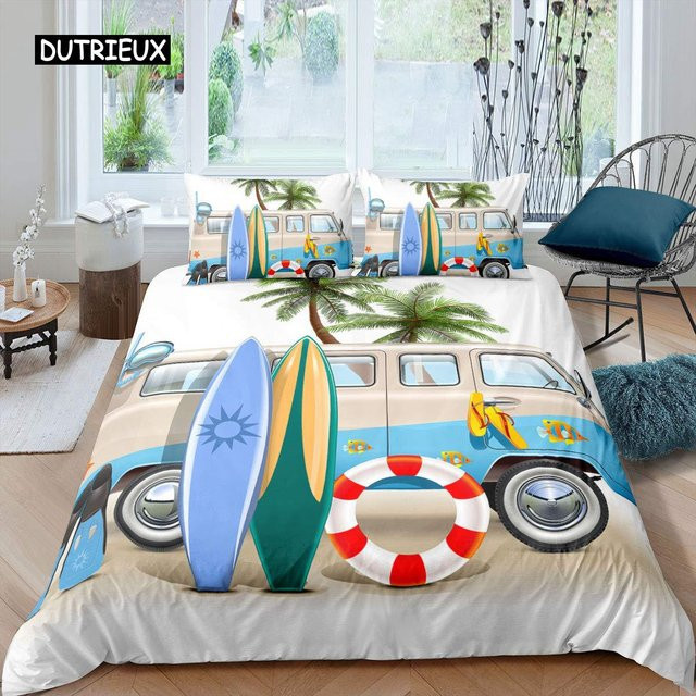 Bettwäsche Set Binchi Outdoor Product mit Surfbrett Motiv in Blau und Multicolour, Microfaser Bettbezug und Kissenbezug mit Reißverschluss, B/H: 140 x 210 cm - Bild 1