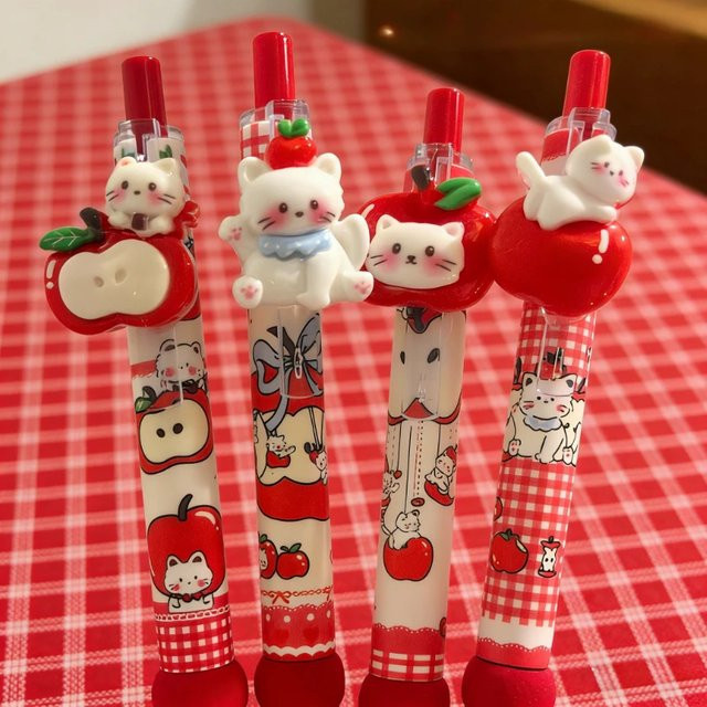 4 Stück Kawaii Apple Cat Gelstifte mit schwarzer Tinte und 0,5 mm Spitze für Schule und Büro - Bild 1