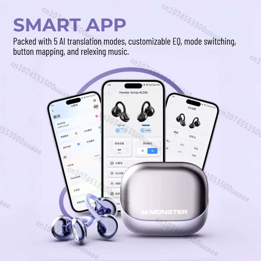 Monster AC235 KI-Übersetzer Ohrclip-Kopfhörer mit Bluetooth 6.0, HiFi-Stereoklang und ENC für klare Anrufe, TWS kabellose Ohrhörer, Schwarz - Bild 2