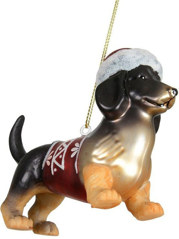 Christbaumschmuck Dackel Hund mit Weihnachtsmütze als Hängeornament aus Glas in Braun - Bild 1