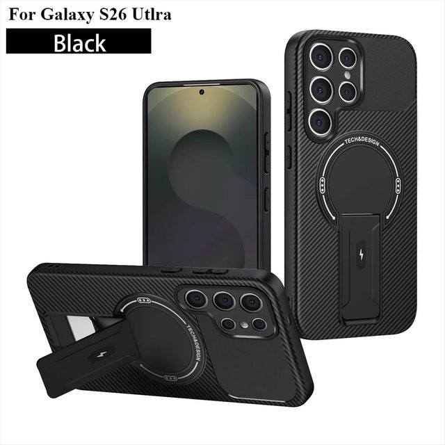 Magnetische Schutzhülle mit faltbarem Ständer in Carbonfaser-Textur für Samsung Galaxy S26 Ultra, S26 Plus, S25 Ultra und weitere Modelle in Schwarz oder Braun - Bild 1