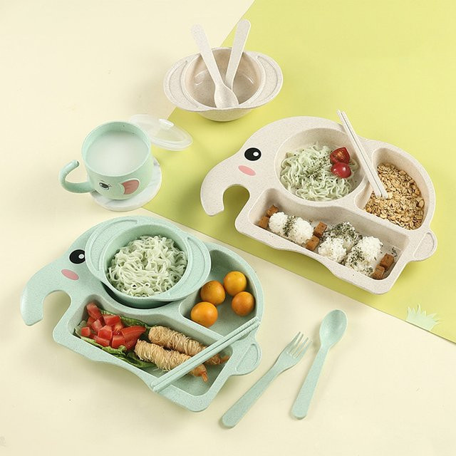 SLAIXIU 6-teiliges Kinder-Baby-Besteck-Set mit Elefanten-Cartoon-Design in Grün inklusive Teller, Schüssel, Tasse, Löffel und Gabel - Bild 1