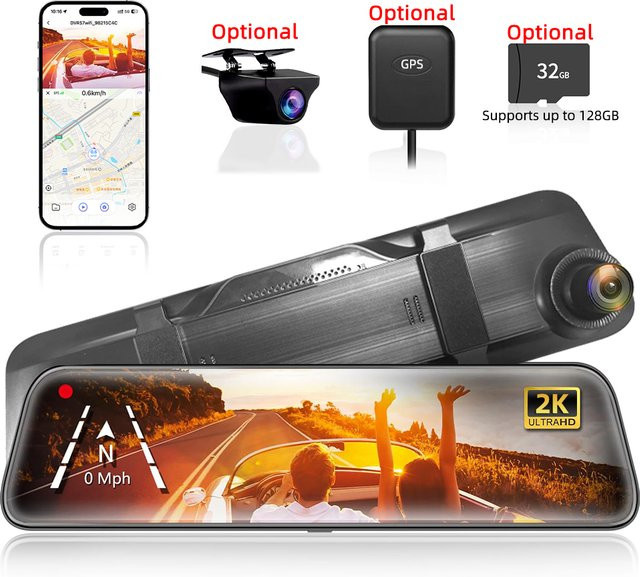 E-ACE 12-Zoll 4K UHD Spiegel-Dashcam mit Rückfahrkamera, WiFi und GPS in Schwarz - Bild 1