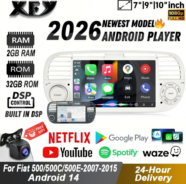 XFY Android 14 Autoradio für Fiat 500 (2007-2015) mit 7 Zoll Display, kabellosem Carplay, Bluetooth, GPS und Navigation in Schwarz - Bild 1