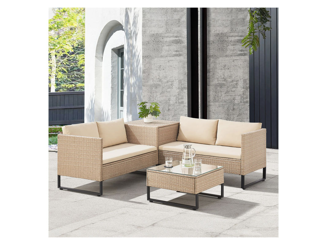 Juskys Polyrattan Lounge Santorini Outdoor Sitzecke in Creme Sand mit Beistelltisch aus gehärtetem Glas und Auflagenbox - Bild 2
