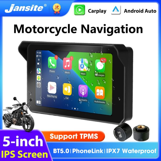 Jansite 5 Zoll Motorrad-Touchscreen mit kabellosem CarPlay und Android Auto, IPX7 wasserdicht, Bluetooth 5.0 und GPS-Navigation, Schwarz - Bild 1