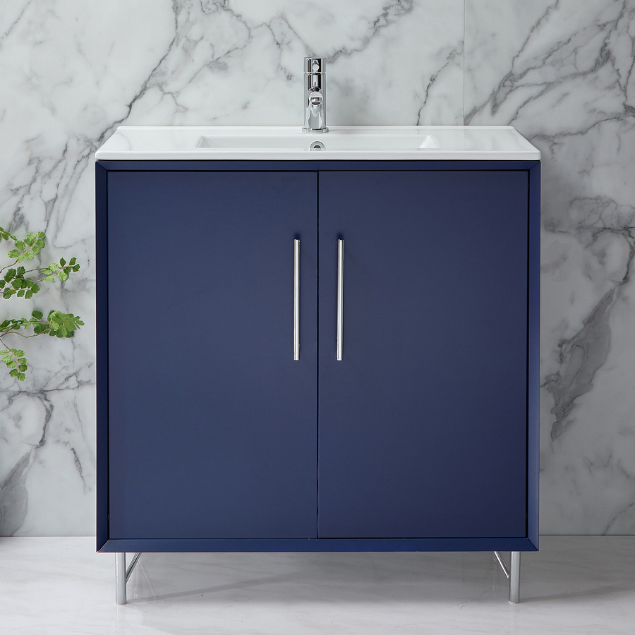 Waschtischunterschrank mit Waschbecken HudsonReed Edge Dunkelblau Matt mit Soft-Close-Türen und Chromgriffen, Breite: 81 cm - Bild 1